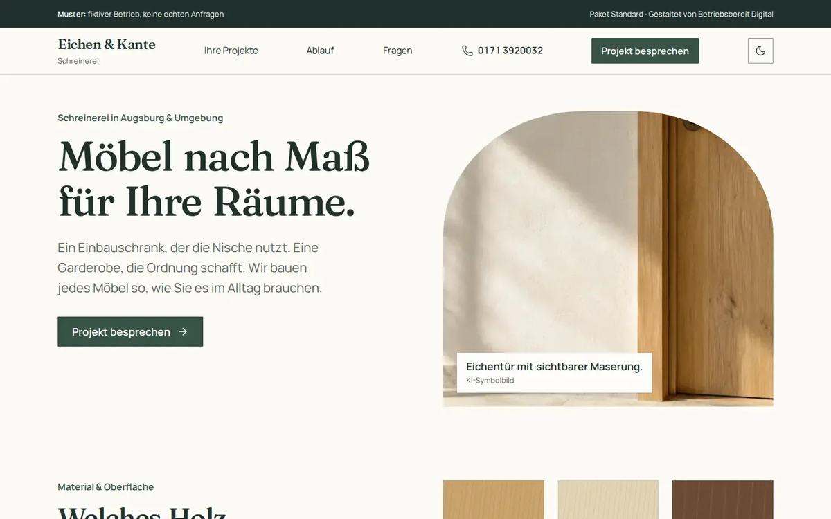 Startseite des Website-Musters Schreinerei Eichen & Kante