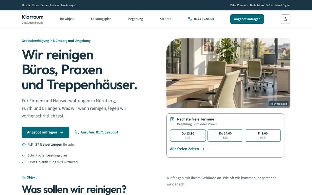Startseite des Website-Musters Klarraum Gebäudereinigung