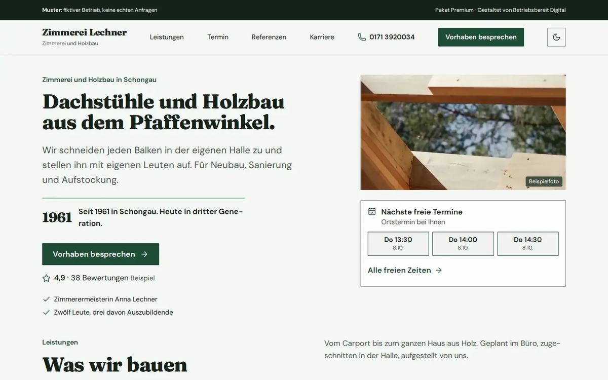 Startseite des Website-Musters Zimmerei Lechner
