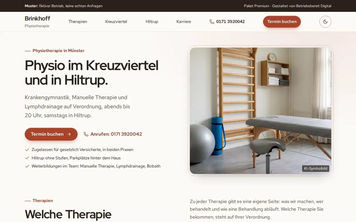 Startseite des Website-Musters Physiotherapie Brinkhoff