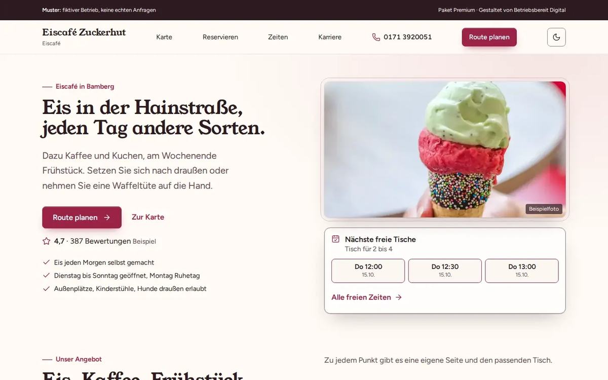 Startseite des Website-Musters Eiscafé Zuckerhut