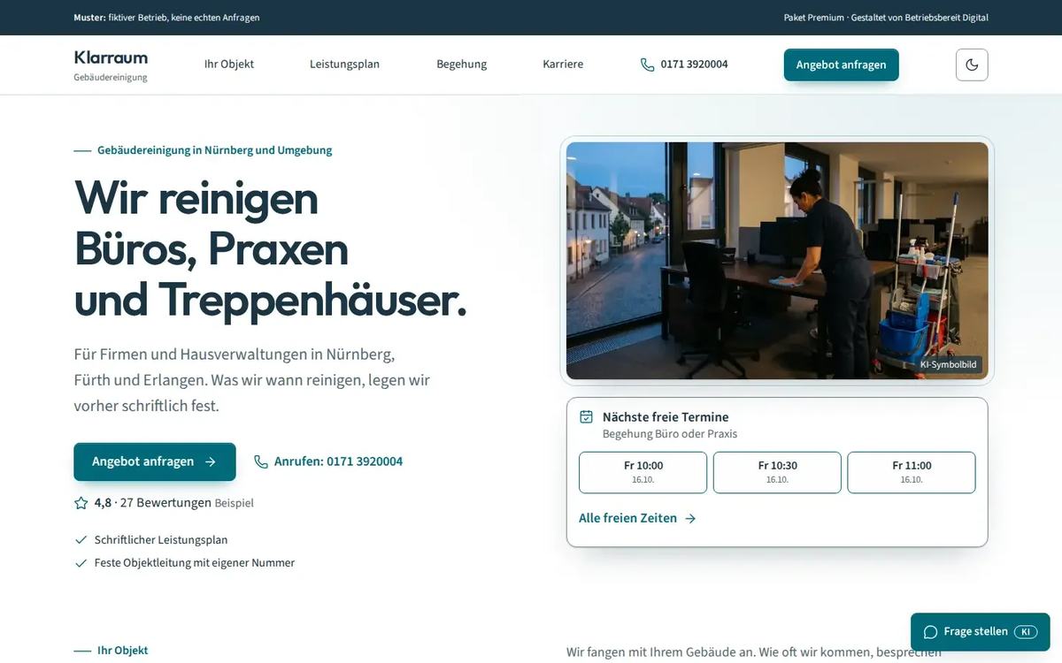Startseite des Website-Musters Klarraum Gebäudereinigung
