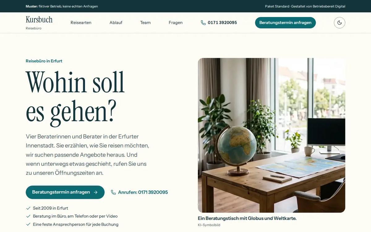 Startseite des Website-Musters Reisebüro Kursbuch