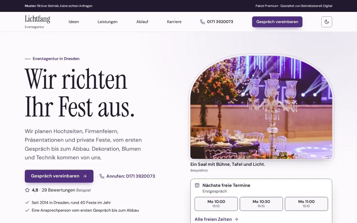 Startseite des Website-Musters Lichtfang Feste und Events