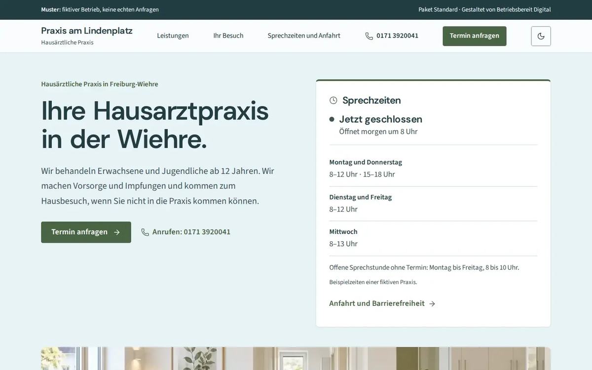Startseite des Website-Musters Praxis am Lindenplatz