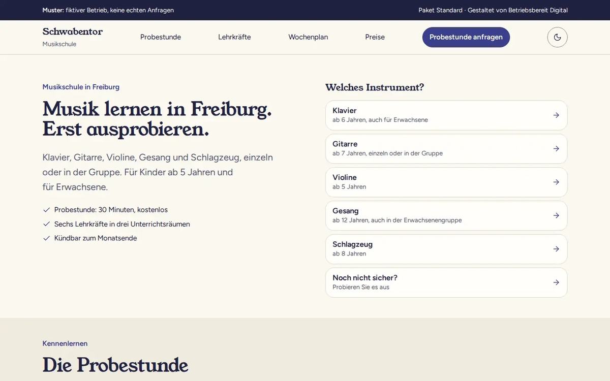 Startseite des Website-Musters Musikschule Schwabentor