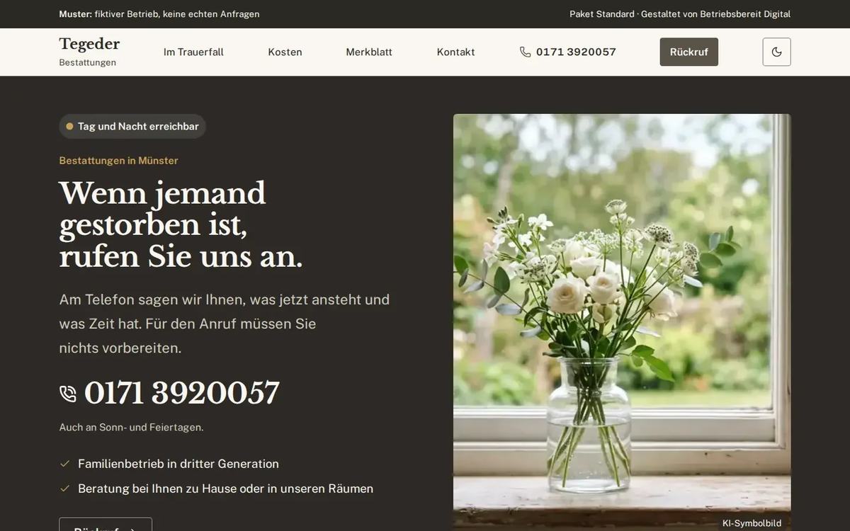 Startseite des Website-Musters Bestattungen Tegeder