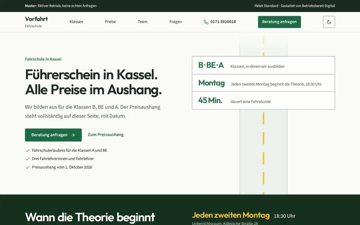 Startseite des Website-Musters Fahrschule Vorfahrt