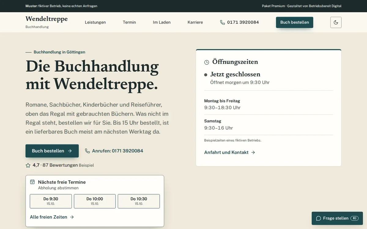 Startseite des Website-Musters Buchhandlung Wendeltreppe