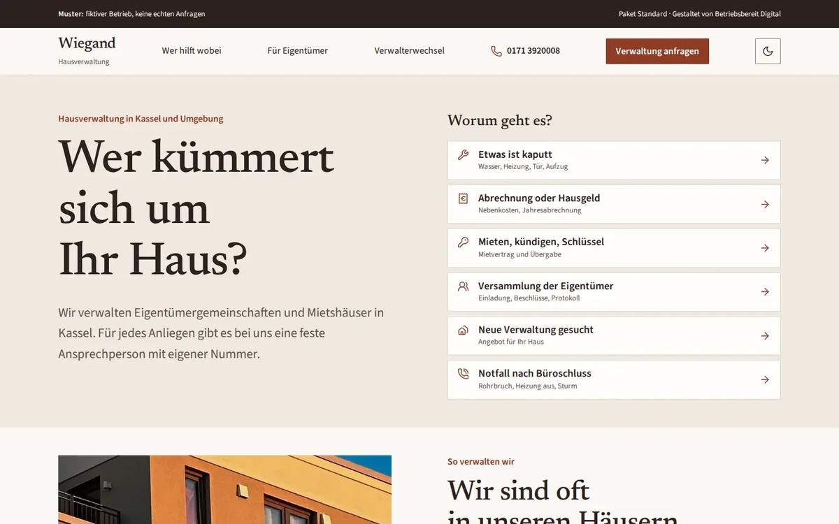 Startseite des Website-Musters Wiegand Hausverwaltung