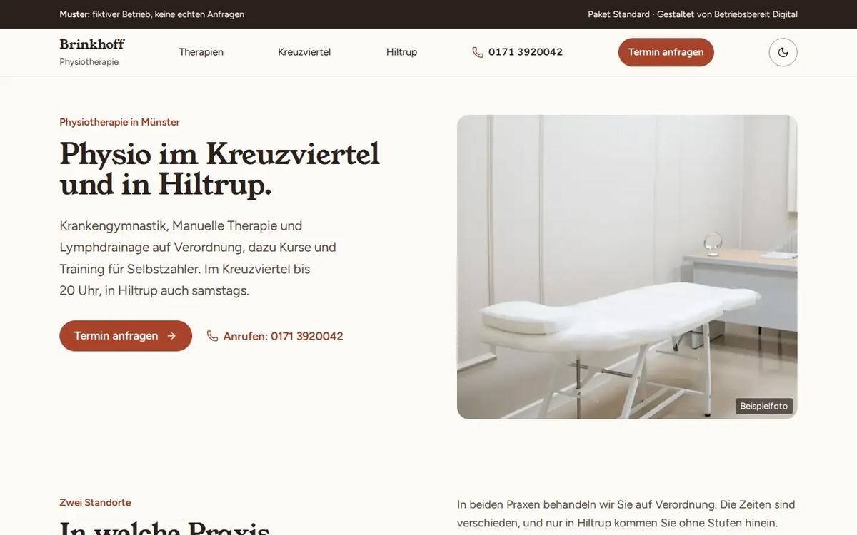 Startseite des Website-Musters Physiotherapie Brinkhoff