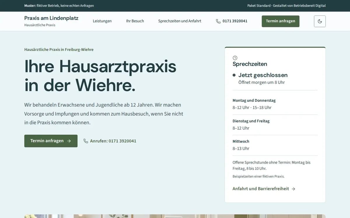 Startseite des Website-Musters Praxis am Lindenplatz