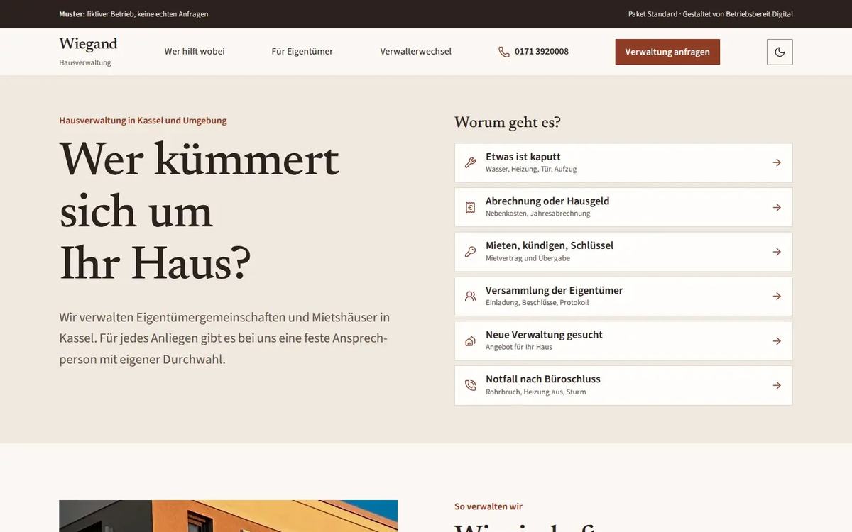 Startseite des Website-Musters Wiegand Hausverwaltung
