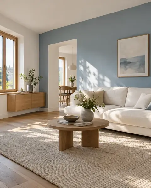 Heller Wohnraum mit hellblauer Wand, weißem Sofa und Holzboden