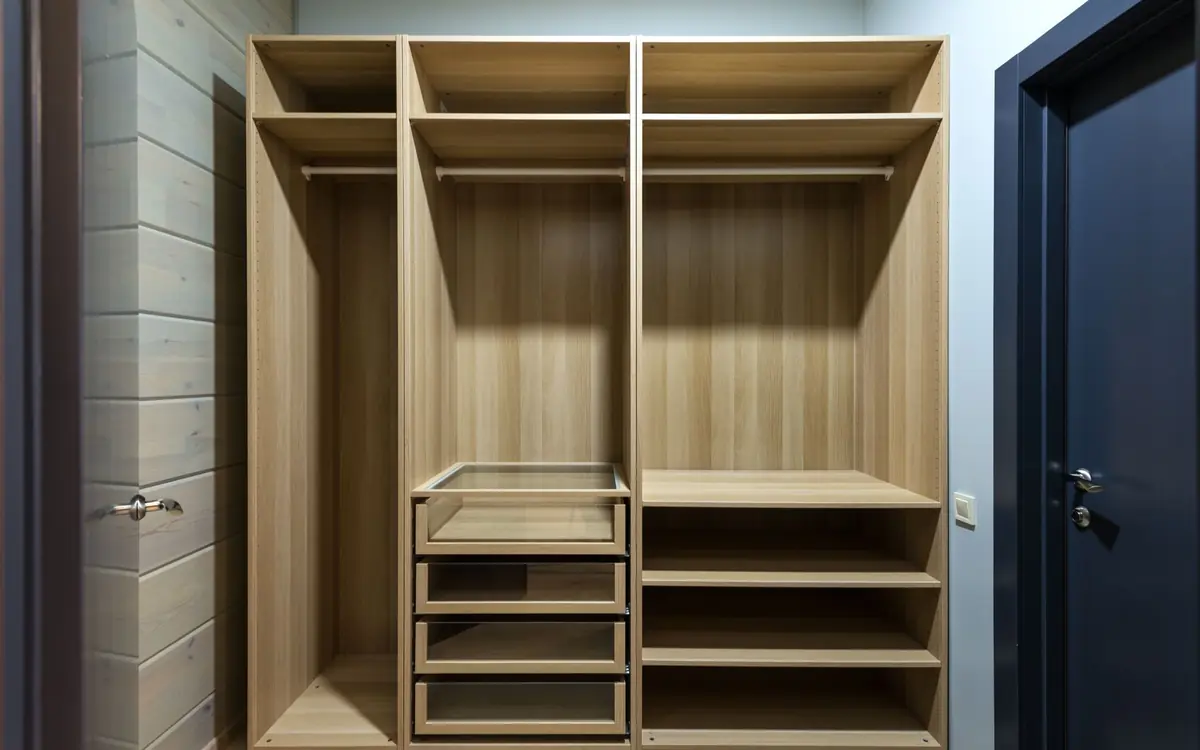 Offener Schrank in Holzoptik mit Kleiderstangen, Fachböden und Schubkästen