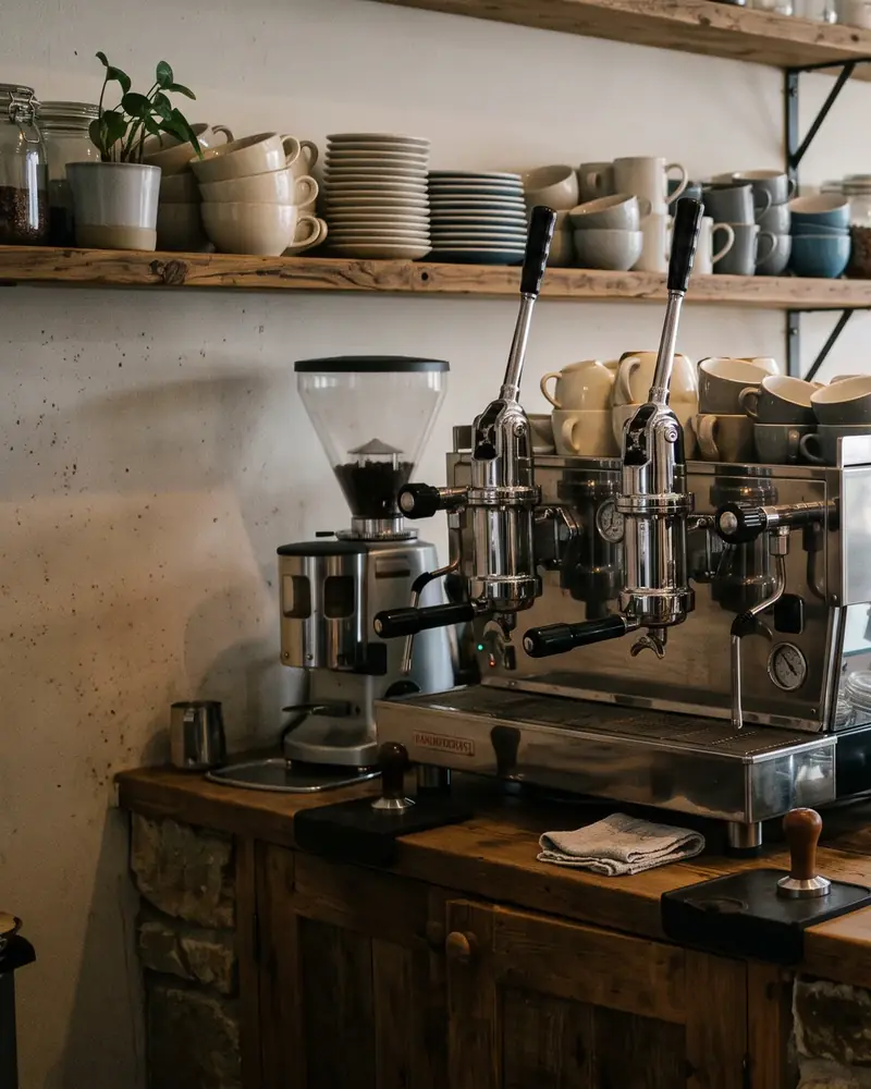 Holztheke mit verchromter Espressomaschine und Kaffeemühle, darüber ein Regal mit gestapelten Tassen und Tellern