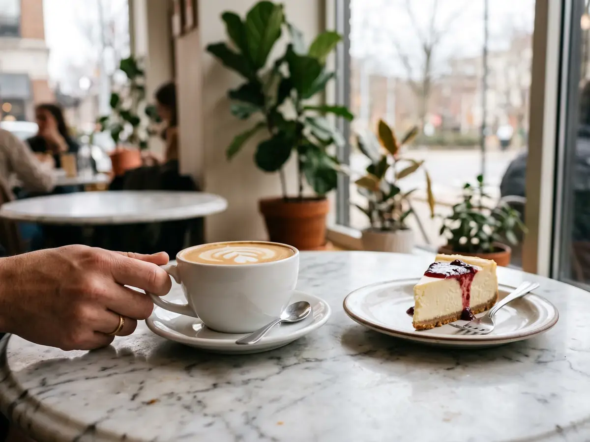 Cappuccino mit Milchschaum in einer weißen Tasse und ein Stück Käsekuchen mit Beerensoße auf einem Marmortisch am Fenster, links hält eine Hand die Untertasse
