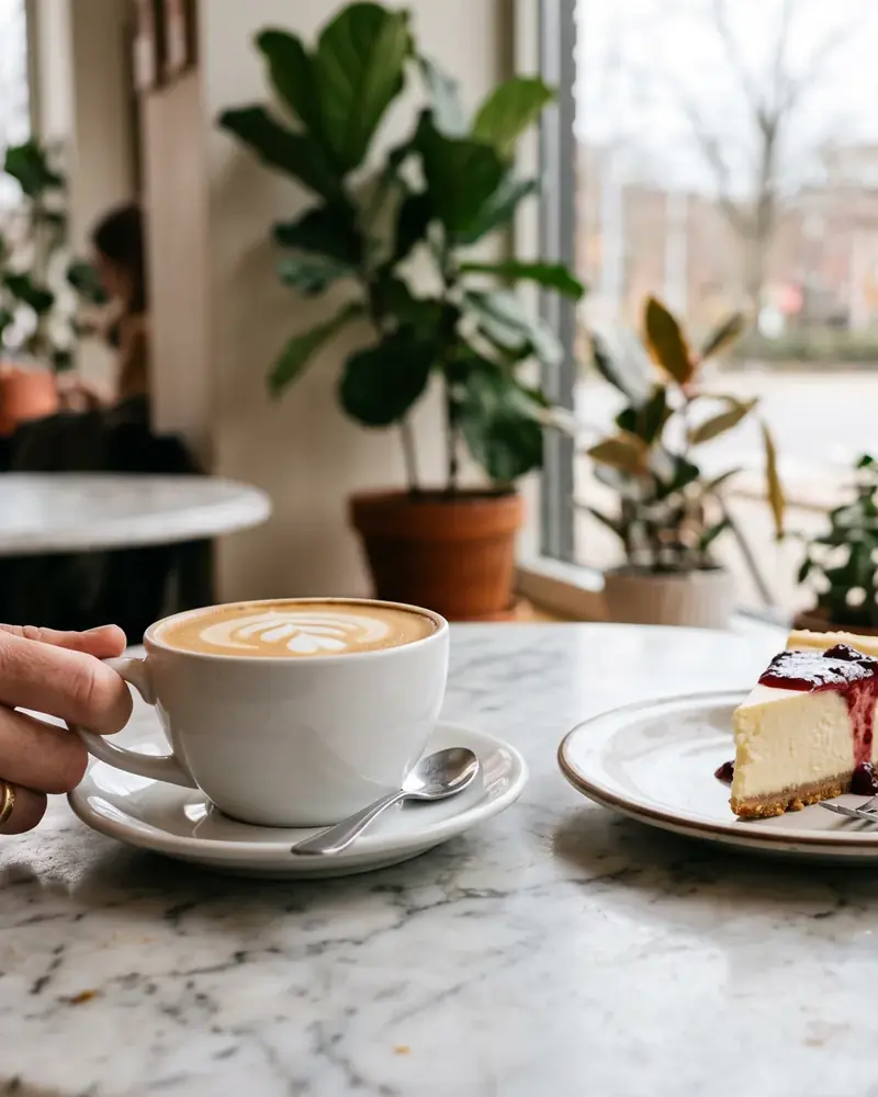 Cappuccino mit Milchschaum in einer weißen Tasse und ein Stück Käsekuchen mit Beerensoße auf einem Marmortisch am Fenster, links hält eine Hand die Untertasse
