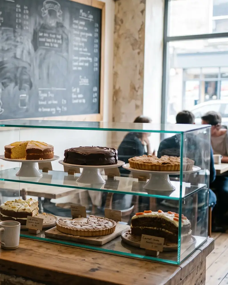 Gläserne Kuchenvitrine auf einer Holztheke mit Torten, Obstkuchen und Möhrenkuchen auf Etageren, dahinter Gäste am Fenster