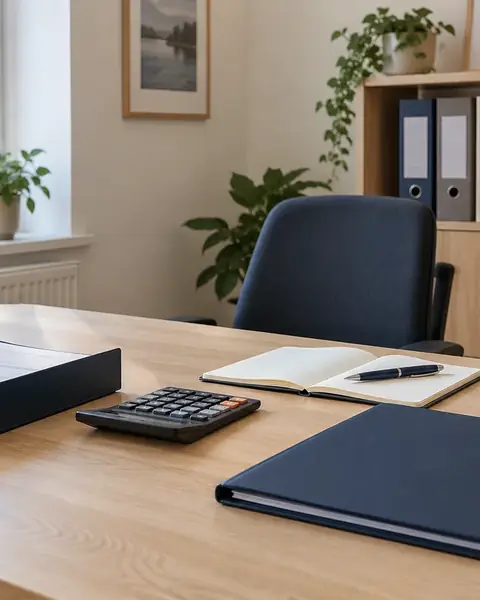 Schreibtisch mit Ordnern, Taschenrechner und Notizbuch in einem hellen Büro