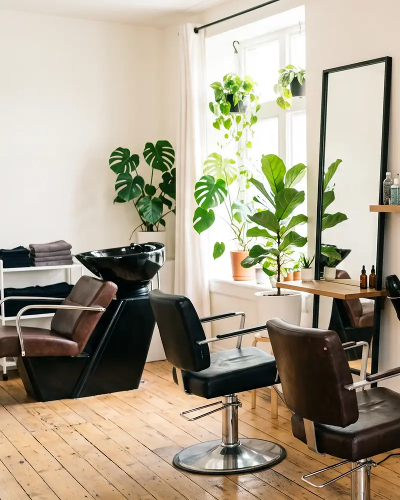 Heller Friseursalon mit Dielenboden: ein Waschplatz und zwei Frisierstühle aus Leder vor einem Fenster mit großen Zimmerpflanzen