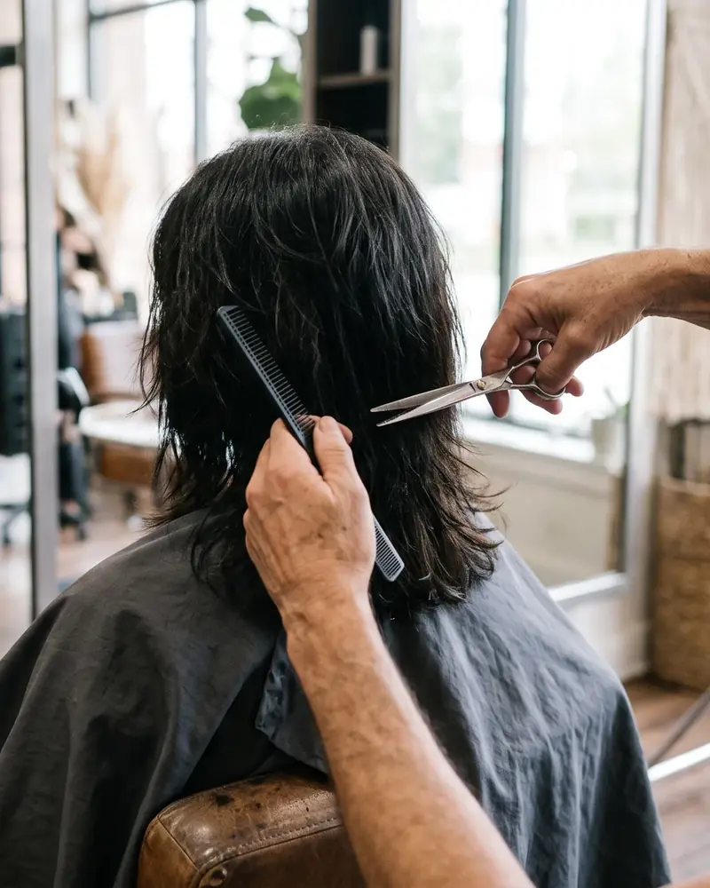 Ein Friseur schneidet mit Schere und Kamm das dunkle, schulterlange Haar eines Kunden, der von hinten mit Umhang auf dem Stuhl sitzt; im Spiegel links ist er noch einmal von hinten zu sehen