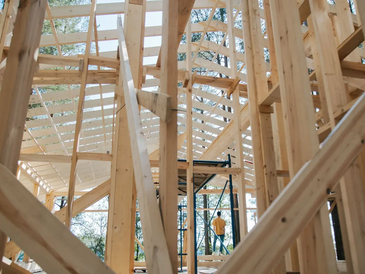 Blick durch das frisch aufgestellte Holzständerwerk eines Hauses bis zum Dachstuhl, dahinter ein Gerüst und Kiefern