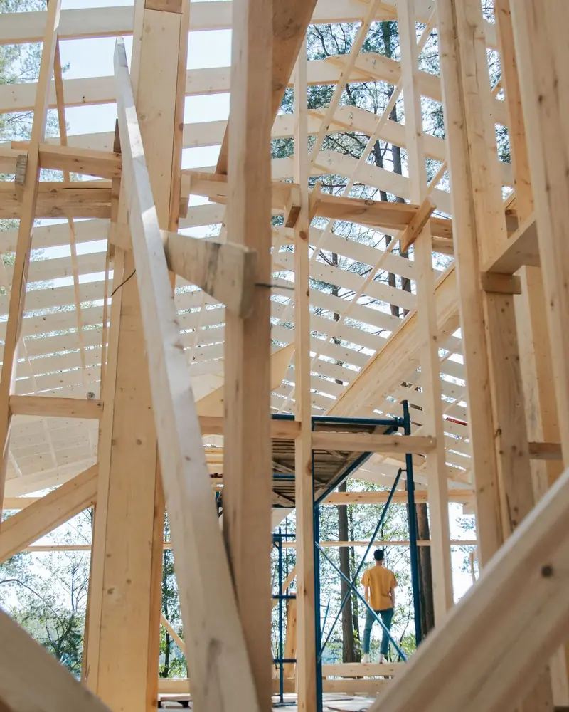 Blick durch das frisch aufgestellte Holzständerwerk eines Hauses bis zum Dachstuhl, dahinter ein Gerüst und Kiefern