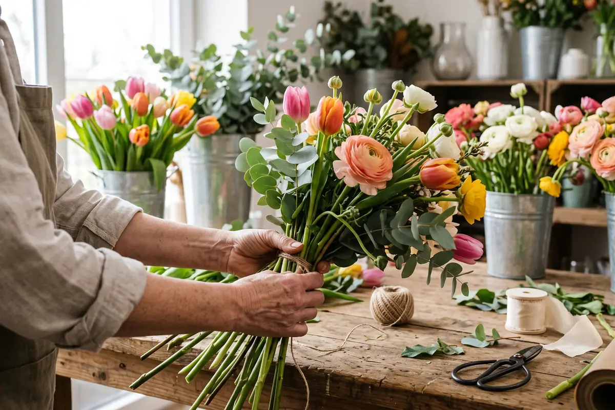 Hände binden einen lockeren Frühlingsstrauß aus Tulpen, Ranunkeln und Eukalyptus auf einem Holztisch, daneben Schere, Garn und Papier, dahinter Eimer mit Schnittblumen