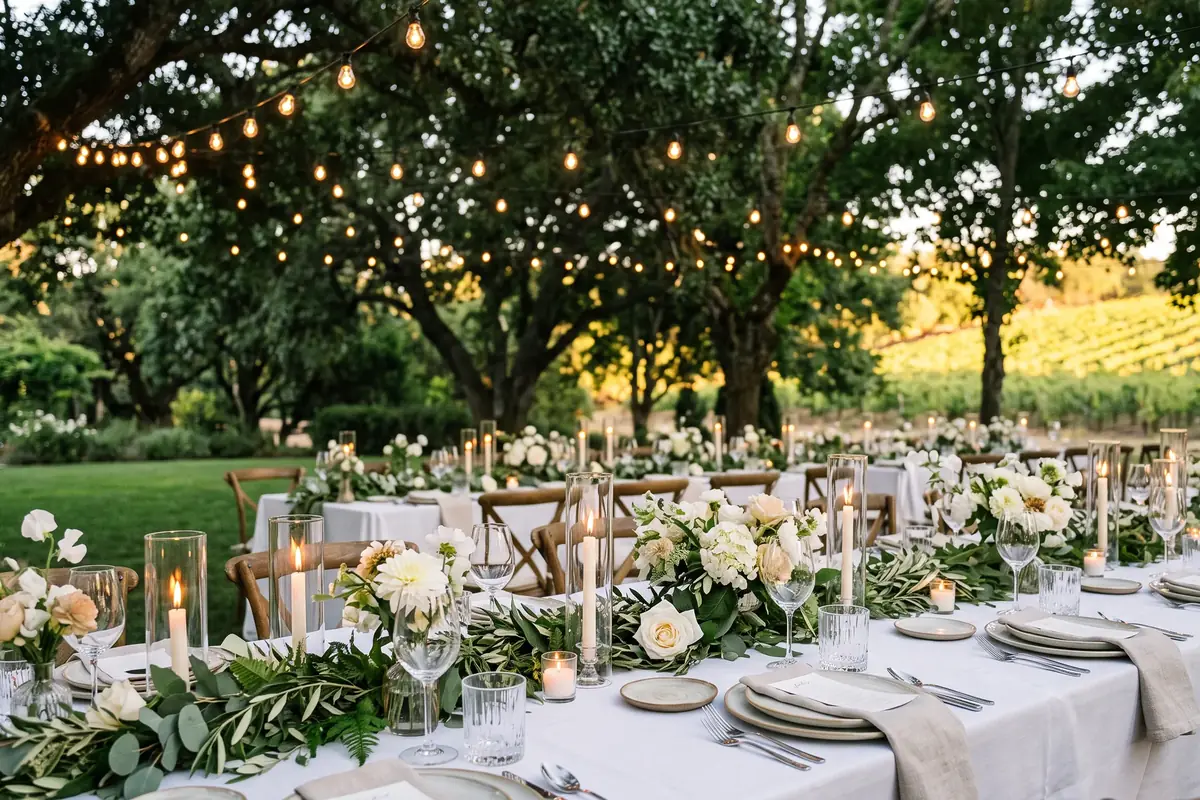 Lange gedeckte Tafel unter Bäumen im Garten, über der Tafel Lichterketten, dahinter ein Weinberg im Abendlicht