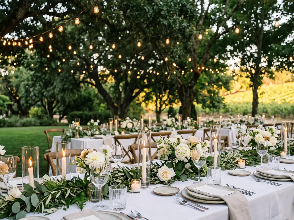 Lange gedeckte Tafel unter Bäumen im Garten, über der Tafel Lichterketten, dahinter ein Weinberg im Abendlicht