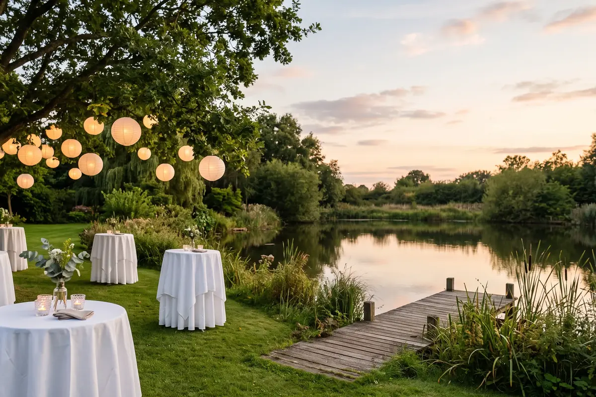 Runde Stehtische mit weißen Tüchern auf einer Wiese am Teich, in den Bäumen Papierlaternen, rechts ein Holzsteg im Abendlicht