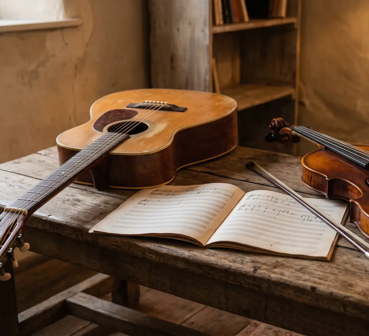 Eine Gitarre und eine Geige mit Bogen liegen neben aufgeschlagenen Noten auf einer Holzbank
