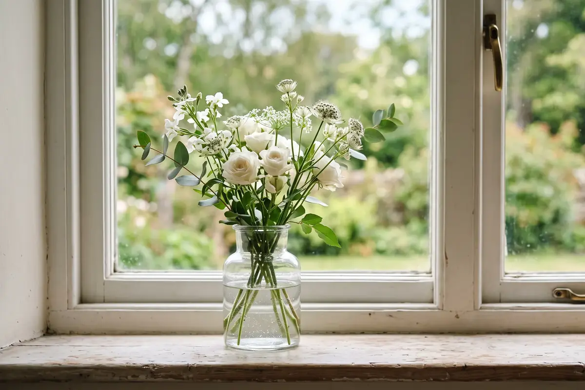 Strauß aus weißen Rosen und Wiesenblumen mit Eukalyptus in einer Glasvase auf einer Fensterbank, durch das Fenster ein Garten