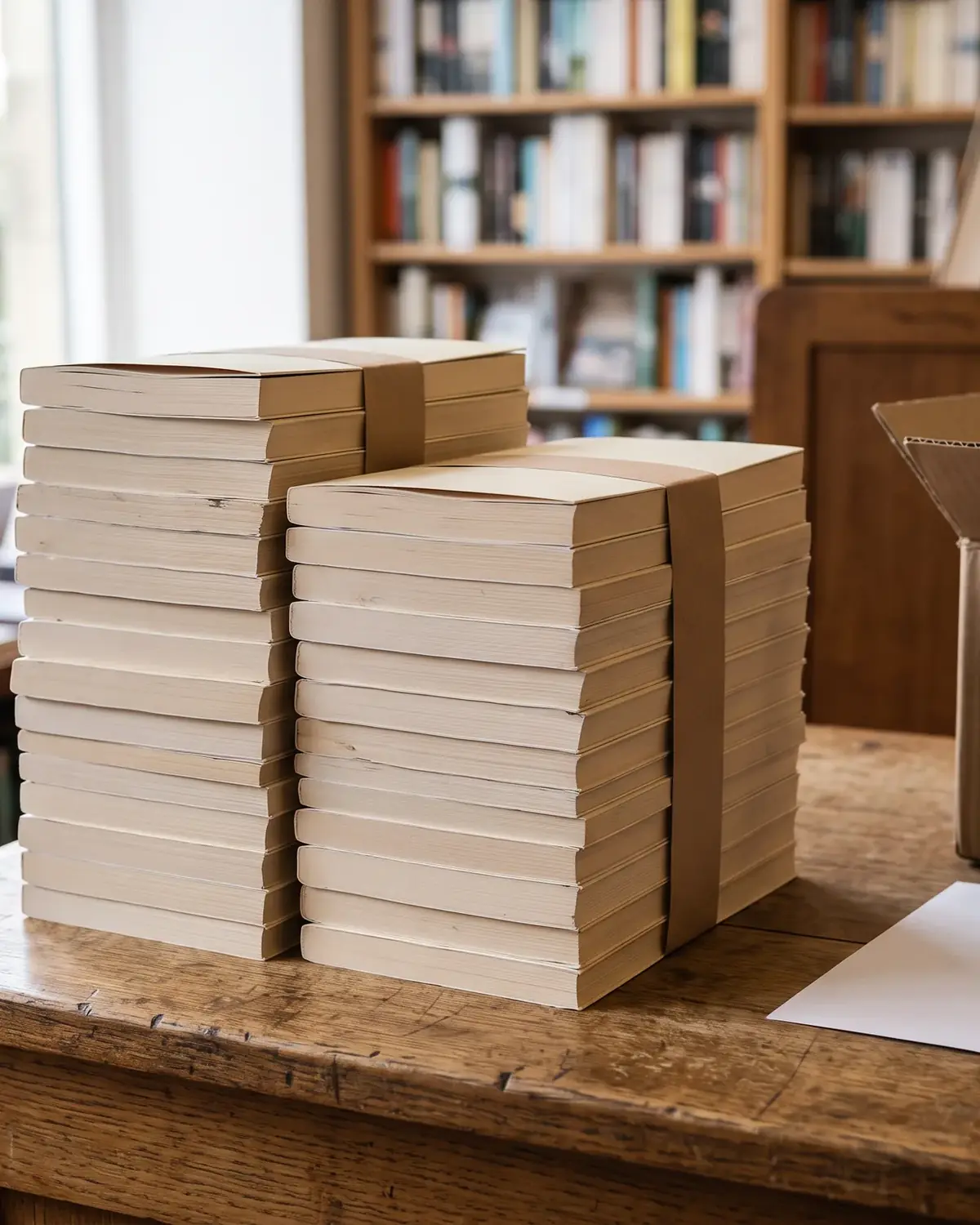 Zwei Stapel gleicher Taschenbücher mit einem Papierband zusammengebunden auf einem Holztresen, daneben ein Versandkarton und ein leerer Lieferschein