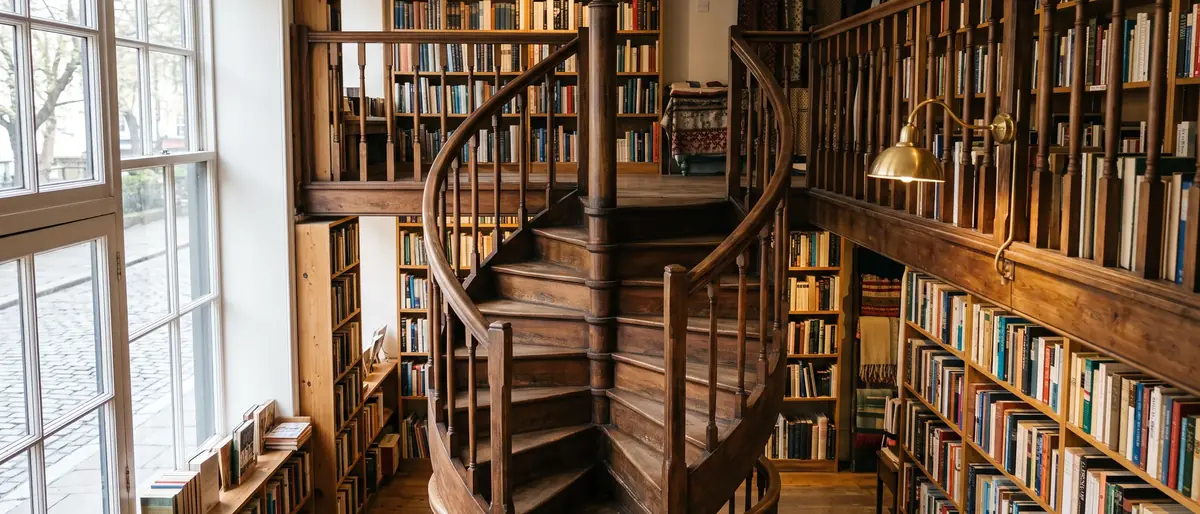Eine Wendeltreppe aus dunklem Holz führt in einer kleinen Buchhandlung zu einer Galerie, an den Wänden stehen auf beiden Ebenen Bücherregale bis zur Decke